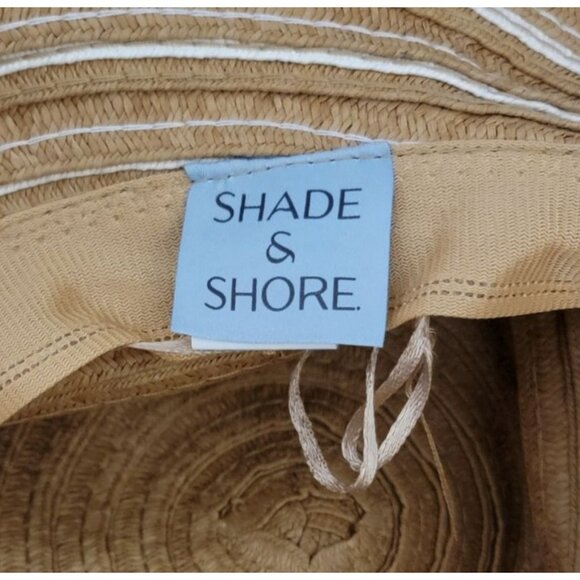 Shade & Shore Wide Brim Straw Sun Hat Tan & White Striped Packable Beach Hat - Picture 4 of 6
